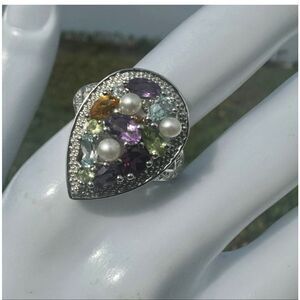 Ross-Simons Sterling Silver Multi Gemstone Pearl Teardrop Cluster Ring